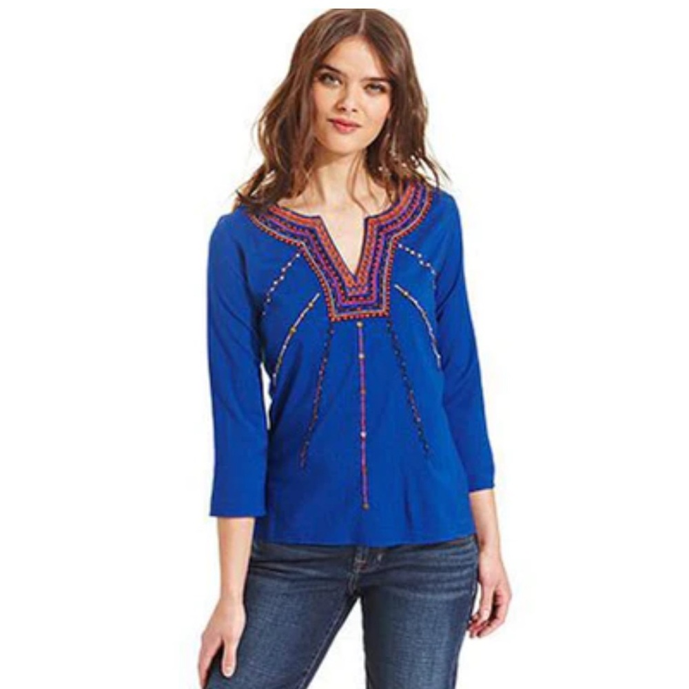 Lucky Brand Boho Embroidered Beaded Blue Top Size M